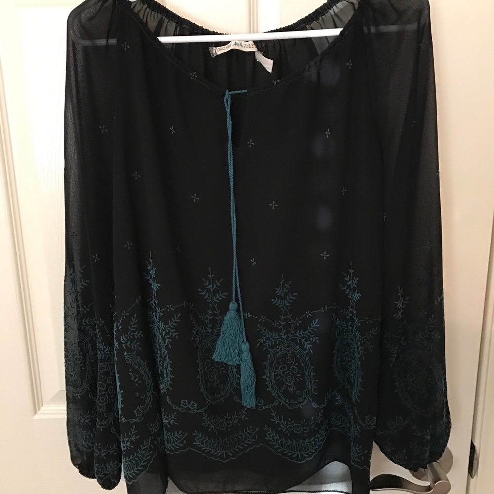 Chelsea & violet Black/Teal Long Sleeve Blouse